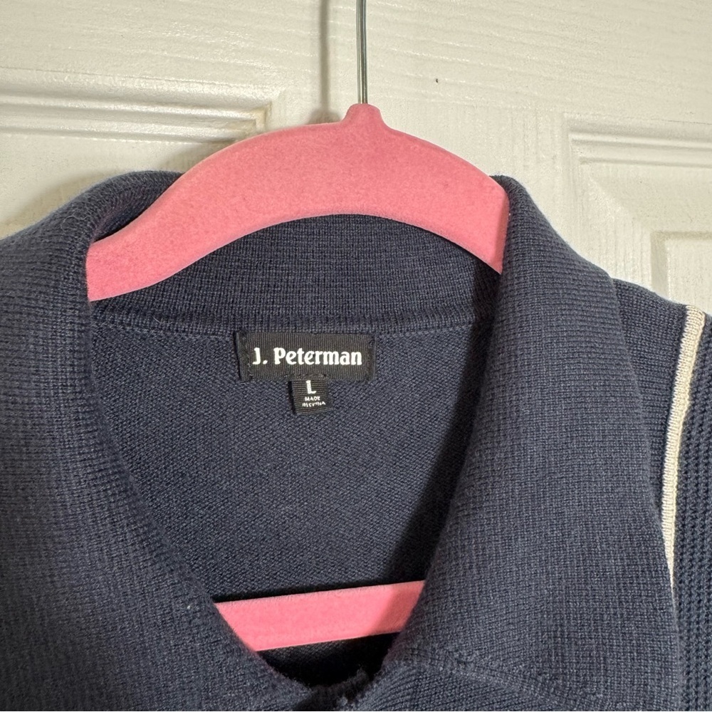 J. Peterman Knit Polo Shirt Size LG Navy Blue Button Down Preppy Casual Office - Picture 7 of 8